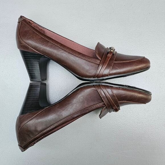 Brown Pumps Life Stride Odele Dress Loafer Size 9W Wide Synthetic Buckle Heeled - Picture 12 of 13